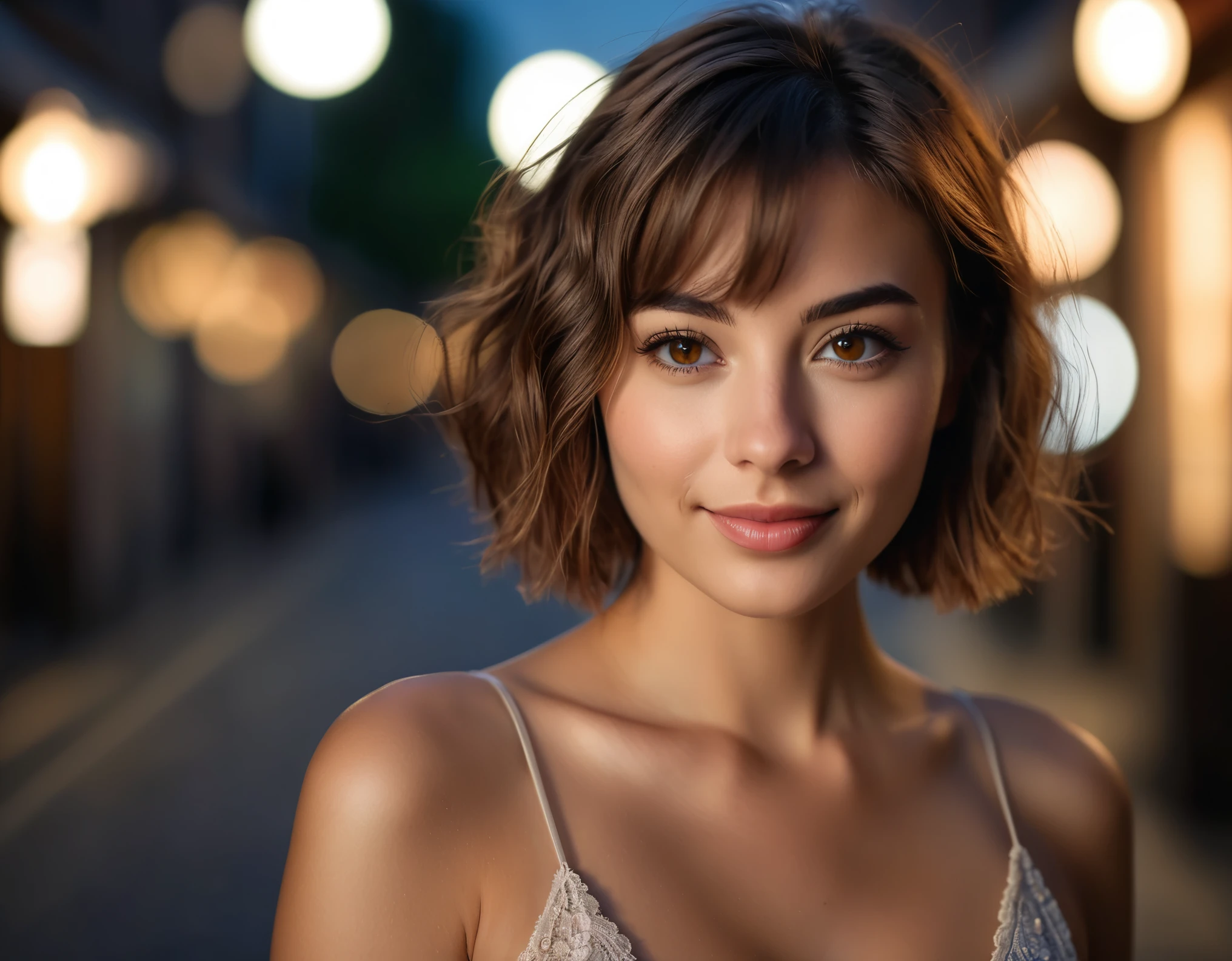 Night, RAW Photography, (((Very Beautiful Portrait))), (Very Beautiful Portrait))), 1 Girl, Sexy 25 Year Old Girl, ((Natural Brown Hair with Short Cuts)), [Brown Eyes],Gentle Smile Staring at the Camera(cleavage), ((Masterpiece, Best Quality, Ultra Detail, Cinematic Lights, Intricate Detail, High Definition, 8k, Very Detailed)), Detail Background, 8k UHD, DSLR, soft lighting, high quality, film grain, fujifilm XT3, shallow depth of field, natural light, perfect face