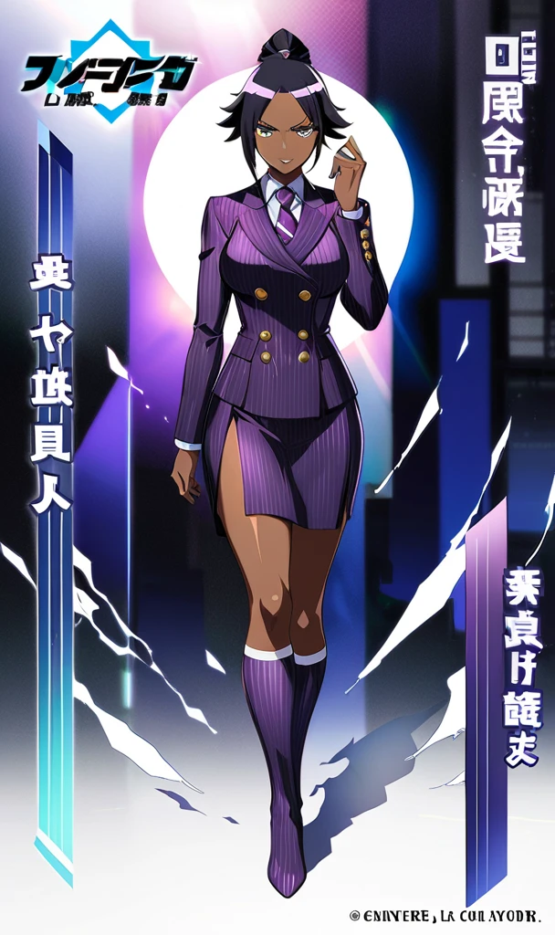 Full body Yoruichi as a thin Black business woman in a double breasted pinstripe purple skirt suit while wearing a tie with a long purple pinstripe skirt and with purple knee socks full art