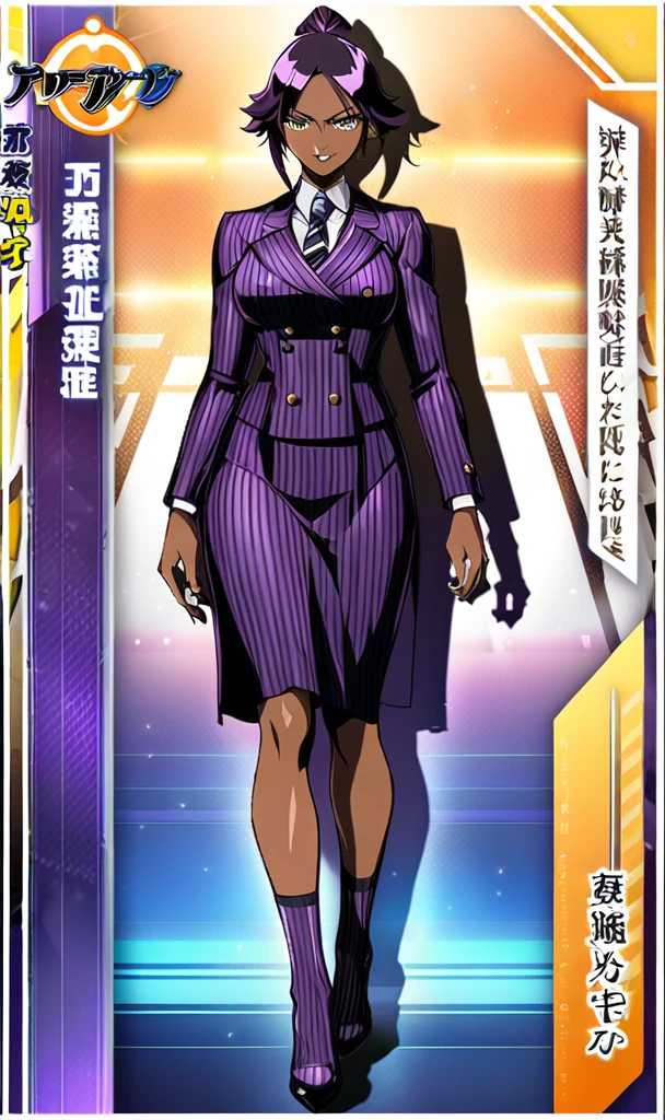 Full body Yoruichi as a thin Black business woman in a double breasted pinstripe purple skirt suit while wearing a tie with a long purple pinstripe skirt and with purple knee socks full art