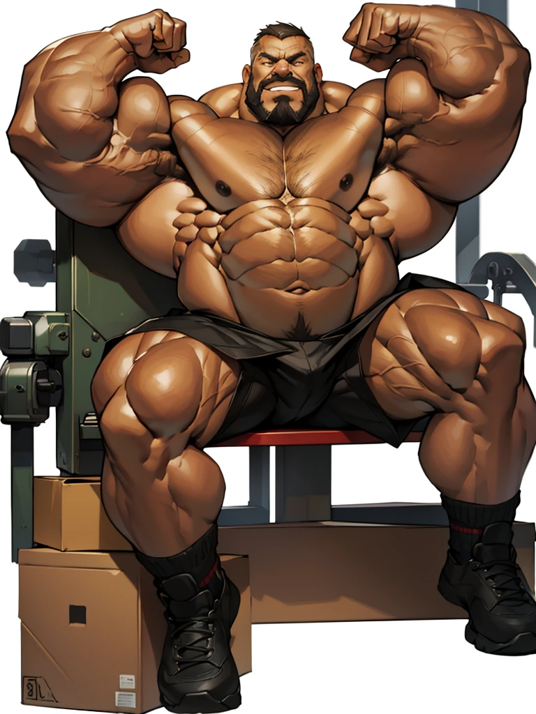 simple background, white background, extremely huge muscular, massive muscular, full-body, well-muscled old man, sitting on box, nude, shirtless. ((extremely muscle size, super thick arms, huge pec, extremely wide pectoral , huge arms)). and add details to make it attractive and interesting. Add textures and details to make the image more realistic, such as the appearance of the shirt texture and the appearance of the skin. Make sure the resulting image is high resolution, 8K quality."