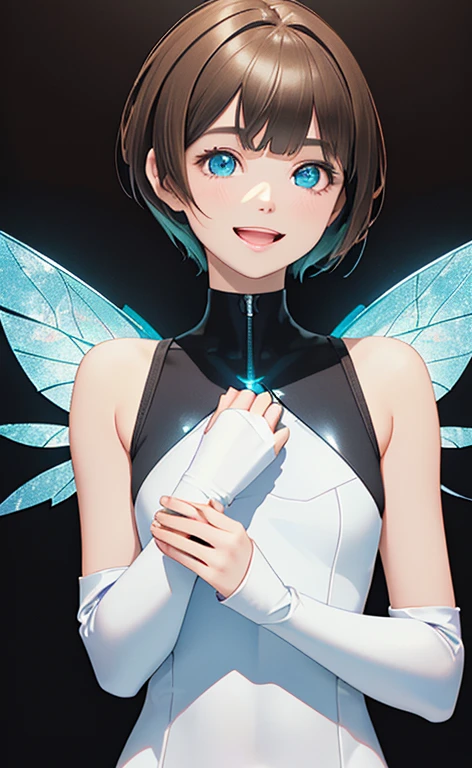 (Photorealistic:1.4)、(,20-year-old:1.5),(masterpiece、Blue lens flare:1.5、spot light:1.2、Exquisite beautiful eye:1.5,portlate),(kind eyes、tareme:1.9),(Black light:1.5)、Cute Face、 3D Face、(light brown hair:1.5)、(pixie cut:1.5),(sidelock :1.5),(blunt bangs:1.3),(1 woman)、(aqua eyes:1.2)、(upper body:1.5)、(Open mouth happy smile:1.5)、(own hands clasped),(head tilt) ,(Cute face:1.2),(flat chest),(),kind face,(white Bodysuit with open chest1.5),(black background:1.5)、()、()、 Neat and clean、Adorable、Demure,Slim Body(),Shiny Hair、()、Nijisketch,Manga,blacklight