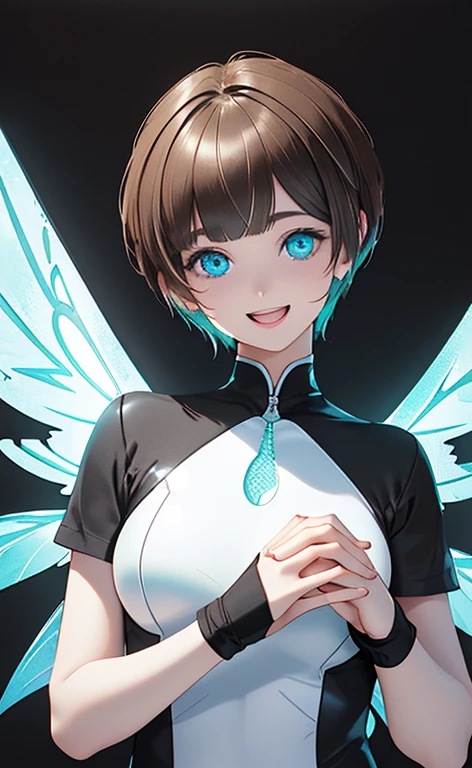 (Photorealistic:1.4)、(,20-year-old:1.5),(masterpiece、Blue lens flare:1.5、spot light:1.2、Exquisite beautiful eye:1.5,portlate),(kind eyes、tareme:1.9),(Black light:1.5)、Cute Face、 3D Face、(light brown hair:1.5)、(pixie cut:1.5),(sidelock :1.5),(blunt bangs:1.3),(1 woman)、(aqua eyes:1.2)、(upper body:1.5)、(Open mouth happy smile:1.5)、(own hands clasped),(head tilt) ,(Cute face:1.2),(flat chest),(),kind face,(white Bodysuit with open chest1.5),(black background:1.5)、()、()、 Neat and clean、Adorable、Demure,Slim Body(),Shiny Hair、()、Nijisketch,Manga,blacklight