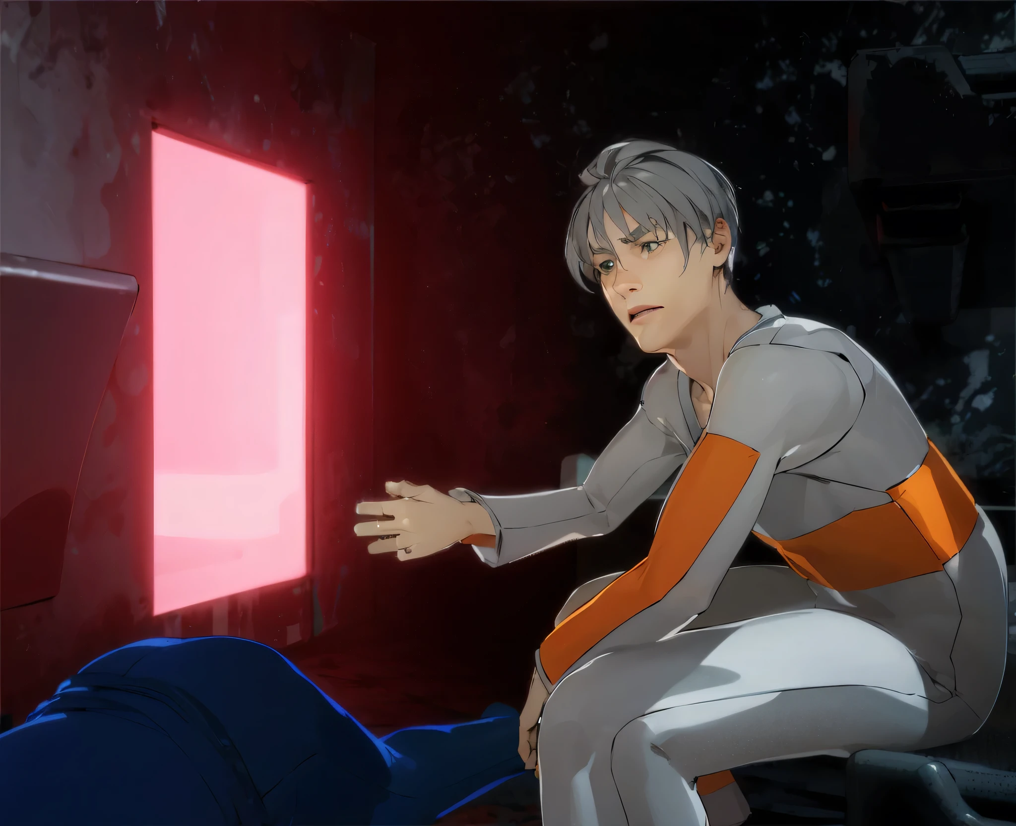 A highly detailed and ultra-realistic scene set in a dark, confined industrial space with a striking pink light source. In the foreground, a young european man is crouched with a concerned and intense expression on his face. He has short, silver hair that is slightly tousled, and his complexion is fair with visible signs of a recent struggle, including a bruise on his cheek. His eyes are wide and green, conveying a mix of urgency and worry. His mouth is slightly open, as if he is calling out or giving instructions. The lighting highlights the contours of his face, emphasizing his emotional state and the physical details.
He is wearing a futuristic, form-fitting white suit with orange accents that wraps around his arms and torso, adding to the sense of a high-tech environment. His left arm is extended, gesturing towards something or someone out of view, indicating a sense of action or urgency.
In the background, there is a fallen figure in a blue suit, lying motionless on the ground, adding to the tension and drama of the scene. The setting includes dark, grimy walls with a stark, bright pink light emanating from an open doorway or panel, casting an eerie glow over the scene. The contrast between the bright light and the dark environment adds depth and intensity to the atmosphere.
The overall scene is one of tension and urgency, capturing the intricate details of the young man’s facial features, his futuristic attire, and the dramatic, high-stakes environment around him