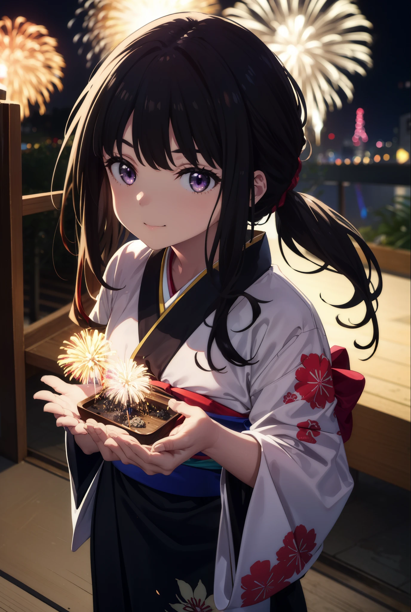 Takiuchi, Check it out,One Girl, Long Hair, bangs, Black Hair, (Purple eyes:1.2),Flower Hair Ornaments,hair tied back,smile,blush,Embarrassing,Blue Kimono,Blue long skirt,Sandals,日本のfestival,夏festivalの屋台、Red lantern,Fireworks in the night sky,Fireworks,The place is a fireworks display,Time is night,whole bodyがイラストに入るように,Looking up from below、Walking,
break outdoors, festival,shrine,
break looking at viewer, whole body, (Cowboy Shot:1. 5)
break (masterpiece:1.2), highest quality, High resolution, unity 8k wallpaper, (figure:0.8), (Beautiful fine details:1.6), Highly detailed face, Perfect lighting, Highly detailed CG, (Perfect hands, Perfect Anatomy),