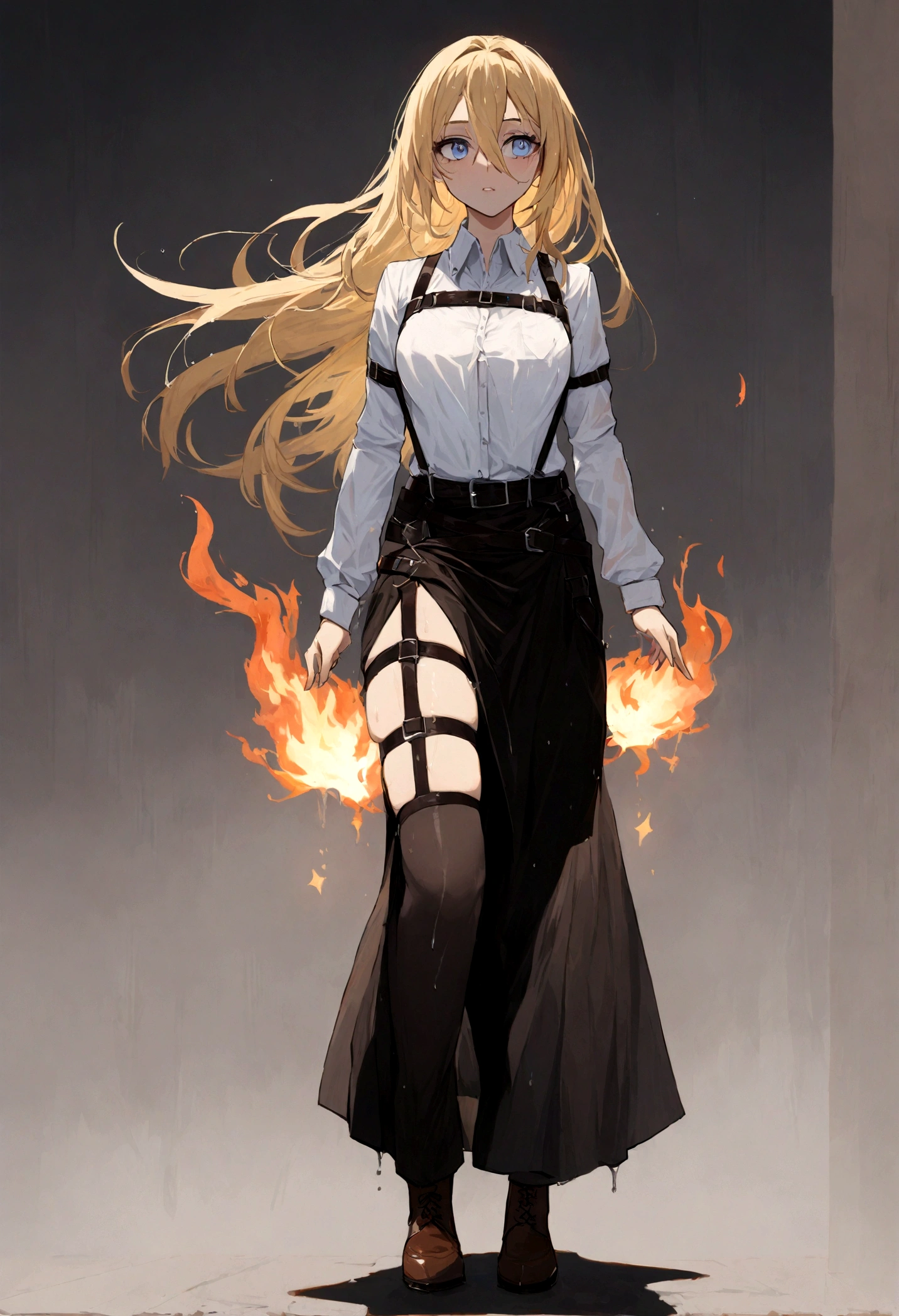 haute style, shingeki no kyojin,, , Christa Lentz,, 1 girl, belt, belt buckle, blonde hair, blue eyes, brown footwear, black skirt, Chest belt, Collared shirt, Diamond (shape), floating hair, side to side, Telegraph slang, gray background, hair between eyes, touch one's thigh, long hair, long sleeves, Looking into the future, put your hands together, pants, chapped lips, shirt, shoes, seat, alone, flame, star (symbol), thigh bands, White shirt, , , ((masterpiece)), best quality, ,elegy, wet, sheer black bra