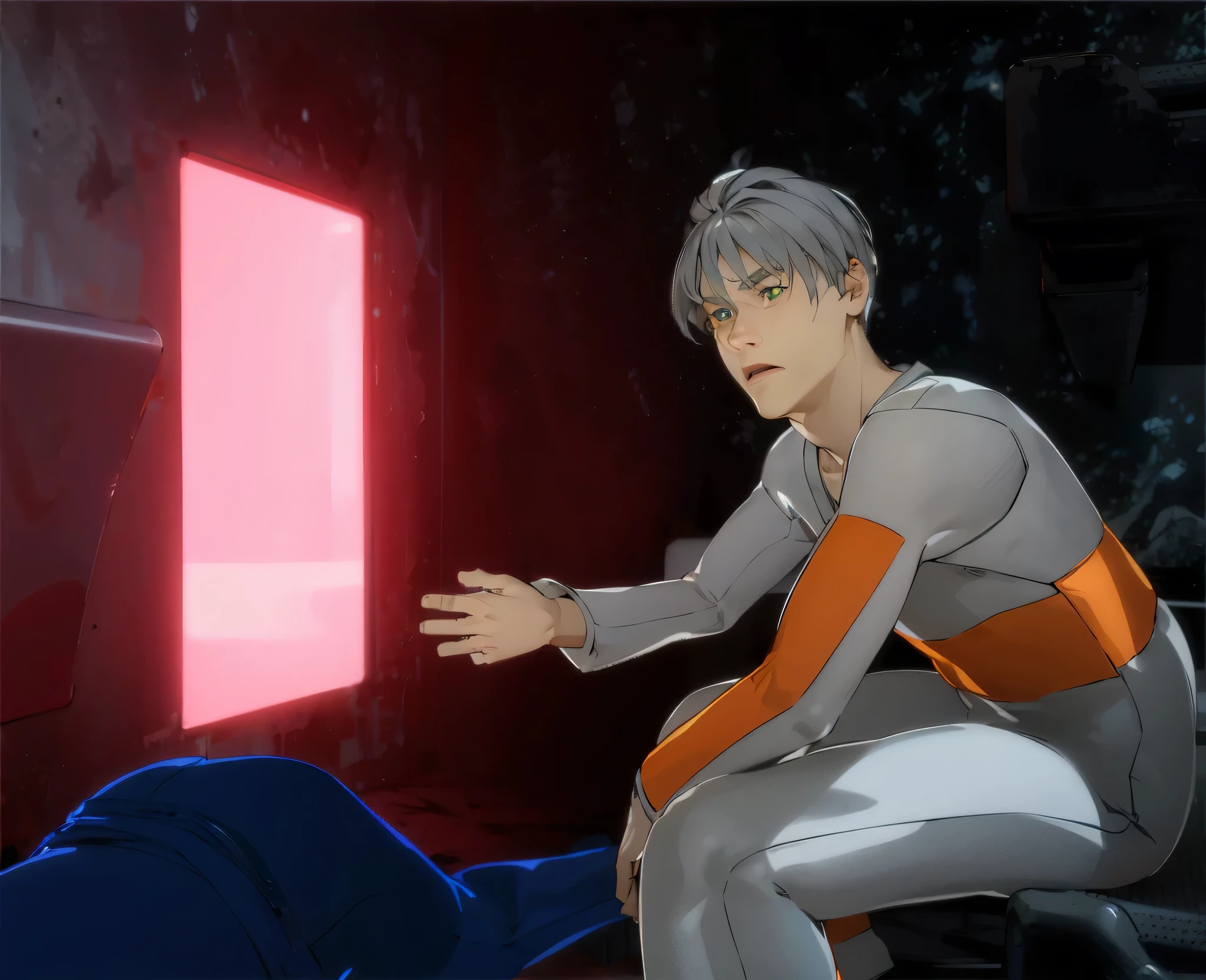 A highly detailed and ultra-realistic scene set in a dark, confined industrial space with a striking pink light source. In the foreground, a young european man is crouched with a concerned and intense expression on his face. He has short, silver hair that is slightly tousled, and his complexion is fair with visible signs of a recent struggle, including a bruise on his cheek. His eyes are wide and green, conveying a mix of urgency and worry. His mouth is slightly open, as if he is calling out or giving instructions. The lighting highlights the contours of his face, emphasizing his emotional state and the physical details.
He is wearing a futuristic, form-fitting white suit with orange accents that wraps around his arms and torso, adding to the sense of a high-tech environment. His left arm is extended, gesturing towards something or someone out of view, indicating a sense of action or urgency.
In the background, there is a fallen figure in a blue suit, lying motionless on the ground, adding to the tension and drama of the scene. The setting includes dark, grimy walls with a stark, bright pink light emanating from an open doorway or panel, casting an eerie glow over the scene. The contrast between the bright light and the dark environment adds depth and intensity to the atmosphere.
The overall scene is one of tension and urgency, capturing the intricate details of the young man’s facial features, his futuristic attire, and the dramatic, high-stakes environment around him