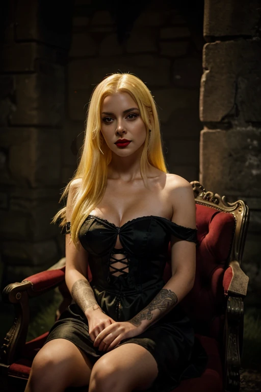 A 29-year-old girl, shoulder-length yellow hair, red lips, green eyes, gothic-style dress, sitting on a throne, in the moonlight and evil darkness, in an old castle. 