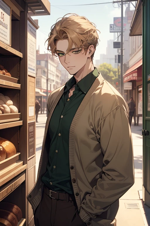 masterpiece, best quality, realistic, 1man, mature male, quiet and charming young man, 18 years old, close his eyes, ((soft smile)), closed mouth, extremely detailed face, a little distant, ((dark green eyes)), ((short-side-swept sandy blonde hair)), [thick eyebrows], (caramel cardigan and brown trousers), (waiting in front of the store)