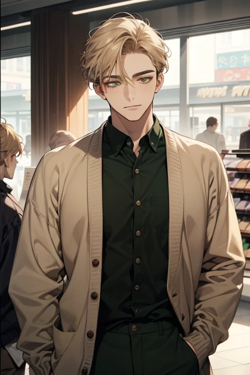 masterpiece, best quality, realistic, 1man, mature male, quiet and charming young man, 18 years old, close his eyes, ((soft smile)), closed mouth, extremely detailed face, a little distant, ((dark green eyes)), ((short-side-swept sandy blonde hair)), [thick eyebrows], (caramel cardigan and brown trousers), (waiting in front of the store)