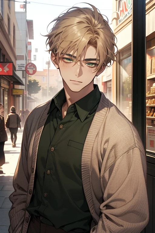 masterpiece, best quality, realistic, 1man, mature male, quiet and charming young man, 18 years old, close his eyes, ((soft smile)), closed mouth, extremely detailed face, a little distant, ((dark green eyes)), ((short-side-swept sandy blonde hair)), [thick eyebrows], (caramel cardigan and brown trousers), (waiting in front of the store)