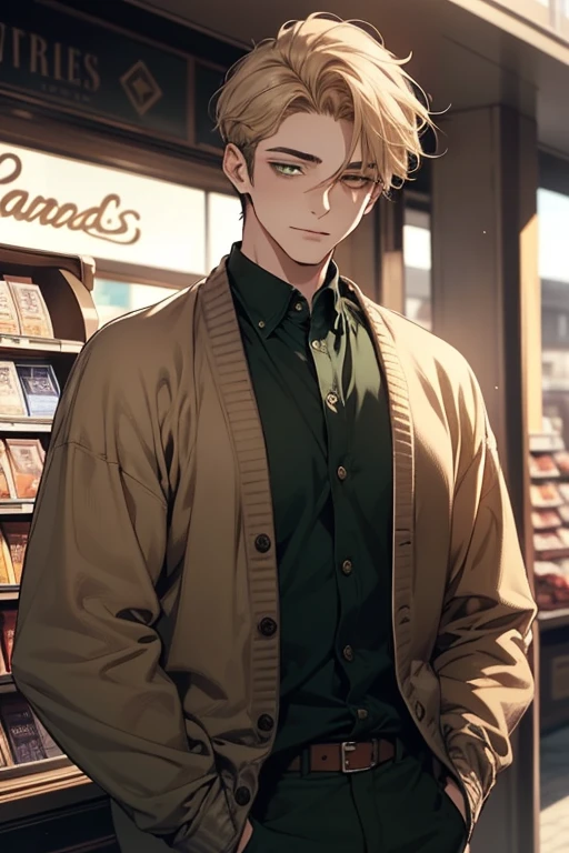 masterpiece, best quality, realistic, 1man, mature male, quiet and charming young man, 18 years old, close his eyes, ((soft smile)), closed mouth, extremely detailed face, a little distant, ((dark green eyes)), ((short-side-swept sandy blonde hair)), [thick eyebrows], (caramel cardigan and brown trousers), (waiting in front of the store)