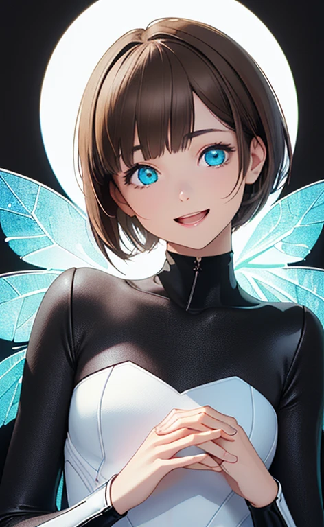 (Photorealistic:1.4)、(,20-year-old:1.5),(masterpiece、Blue lens flare:1.5、spot light:1.2、Exquisite beautiful eye:1.5,portlate),(kind eyes、tareme:1.9),(Black light:1.5)、Cute Face、 3D Face、(light brown hair:1.5)、(pixie cut:1.5),(sidelock :1.5),(blunt bangs:1.3),(1 woman)、(aqua eyes:1.2)、(upper body:1.5)、(Open mouth happy smile:1.5)、(own hands clasped),(head tilt) ,(Cute face:1.2),(flat chest),(),kind face,(white Bodysuit with open chest1.5),(black background:1.5)、()、()、 Neat and clean、Adorable、Demure,Slim Body(),Shiny Hair、()、Nijisketch,Manga,blacklight