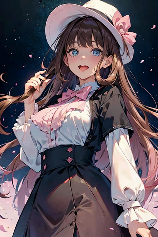 (masterpiece), best quality, expressive eyes, perfect face, solo, a magician girl, ((gradient dark brown hair to pink 40%)), long hair, hime cut, blunt bangs, blue eyes, wide open surprised eyes, frown, smiling, open mouth, holding a magician hat, (dark blue formal clothes), cowboy shot, pinting viewer, low_angle_human, theater scenery