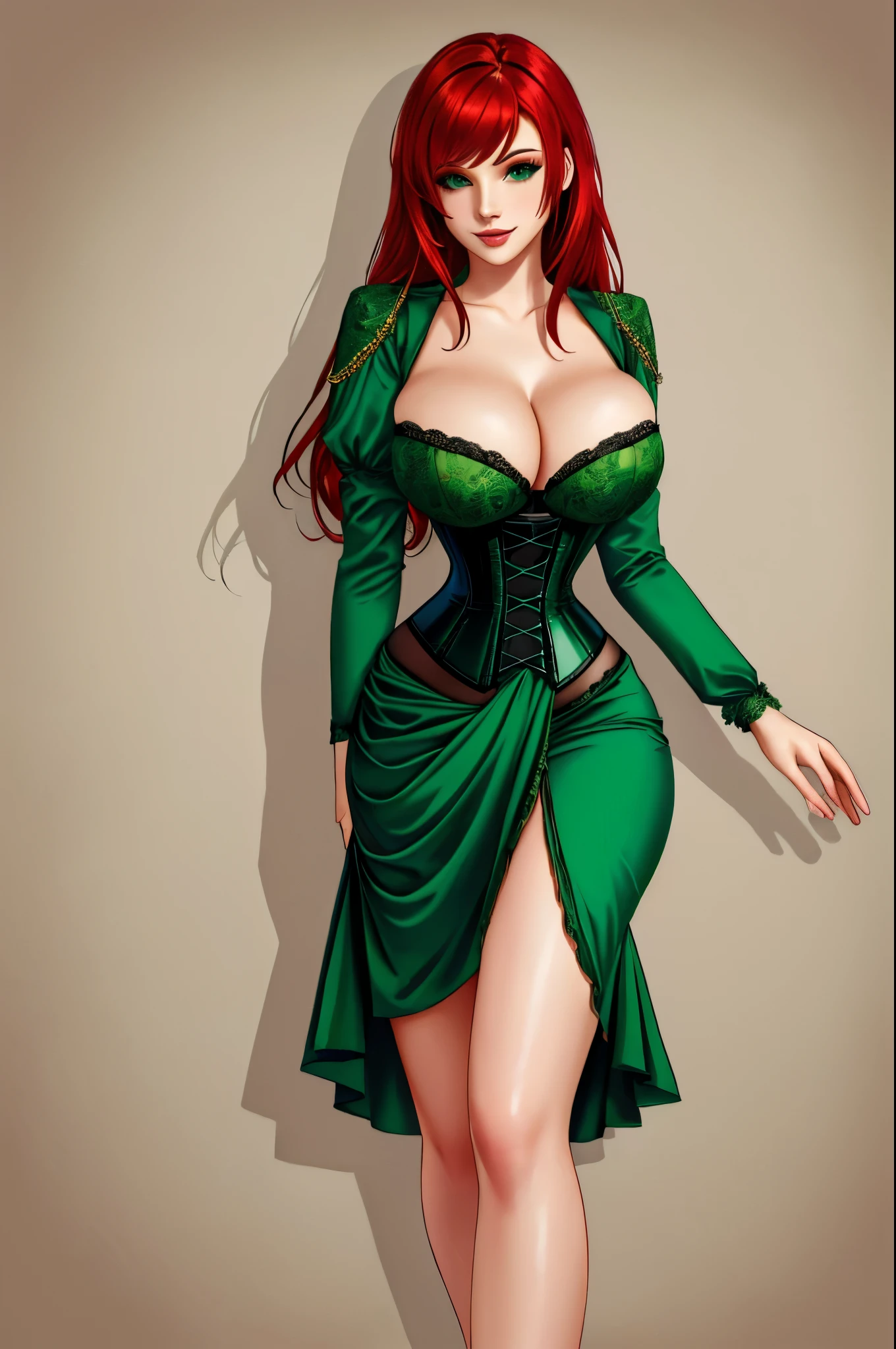 woman in a long green dress, crimson hair, corset, leg slit