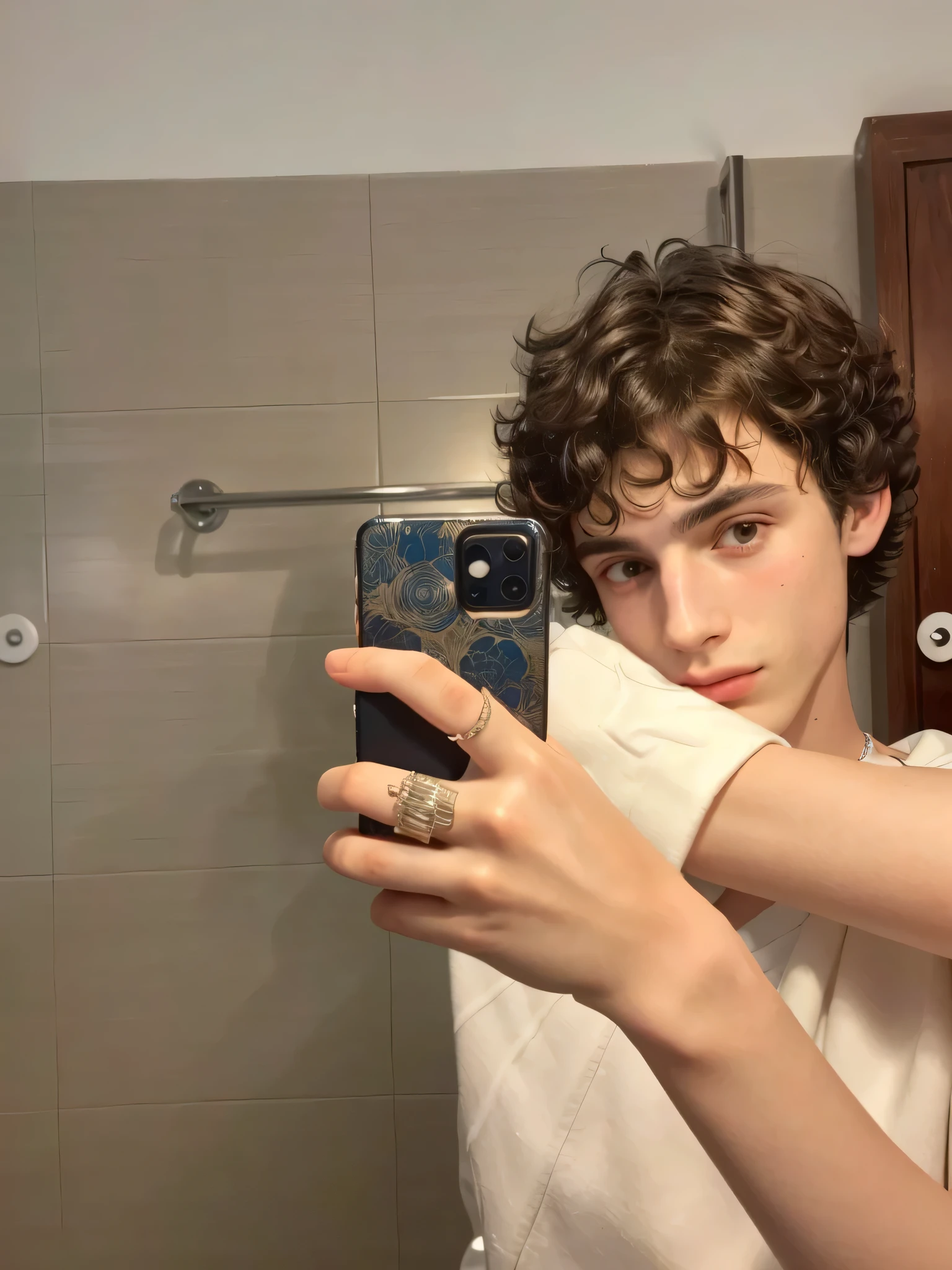 there is a man taking a selfie in the bathroom mirror, ele tem cabelo castanho curto e encaracolado, Finn Wolfhard, tommy 1 6 anos, Timótee Chalamet, 1 Menino de 7 anos, rosto magro, Hold your bangs with one hand, Handsome androgynous prince, 18 anos de idade, Fotografia selfie 8k, 1 6 anos