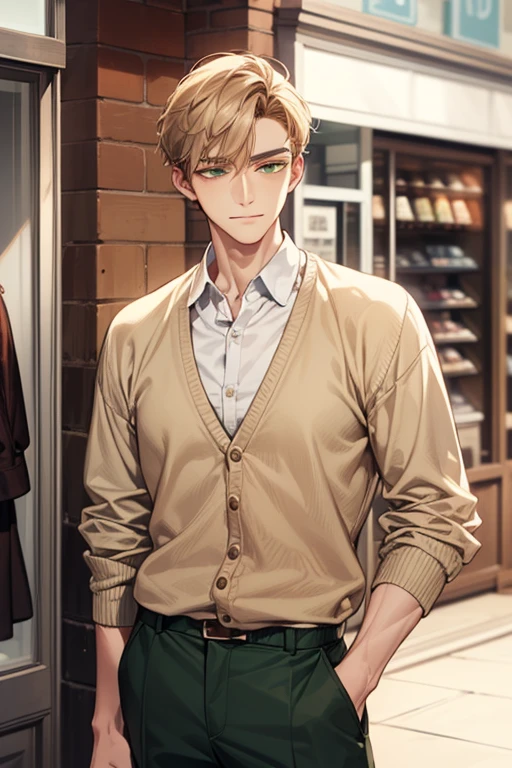 masterpiece, best quality, realistic, 1man, mature male, quiet and charming young man, 18 years old, close his eyes, ((soft smile)), closed mouth, extremely detailed face, a little distant, ((dark green eyes)), ((short-side-swept sandy blonde hair)), [thick eyebrows], (caramel cardigan and brown trousers), (waiting in front of the store)