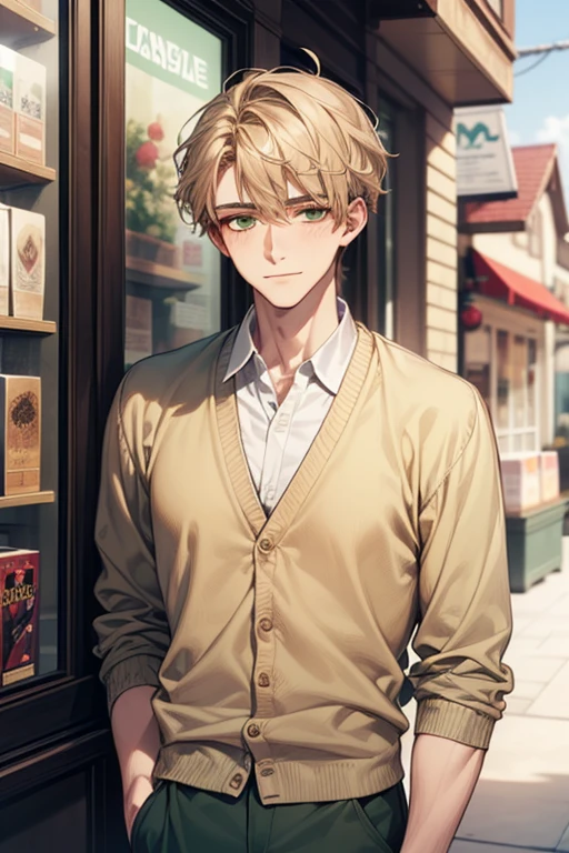 masterpiece, best quality, realistic, 1man, mature male, quiet and charming young man, 18 years old, close his eyes, ((soft smile)), closed mouth, extremely detailed face, a little distant, ((dark green eyes)), ((short-side-swept sandy blonde hair)), [thick eyebrows], (caramel cardigan and brown trousers), (waiting in front of the store)