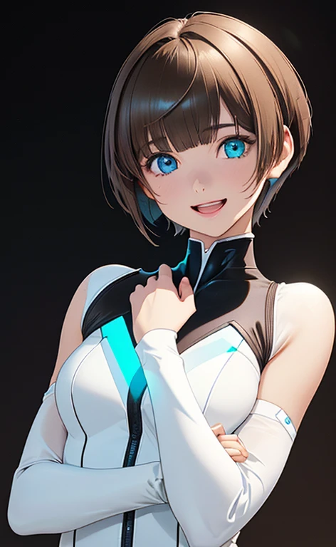(Photorealistic:1.4)、(,20-year-old:1.5),(masterpiece、Blue lens flare:1.5、spot light:1.2、Exquisite beautiful eye:1.5,portlate),(kind eyes、tareme:1.9),(Black light:1.5)、Cute Face、 3D Face、(light brown hair:1.5)、(pixie cut:1.5),(sidelock :1.5),(blunt bangs:1.3),(1 woman)、(aqua eyes:1.2)、(upper body:1.5)、(Open mouth happy smile:1.5)、(crossed arms),(head tilt) ,(Cute face:1.2),(flat chest),(),kind face,(white Bodysuit with open chest1.5),(black background:1.5)、()、()、 Neat and clean、Adorable、Demure,Slim Body(),Shiny Hair、()、Nijisketch,Manga,blacklight