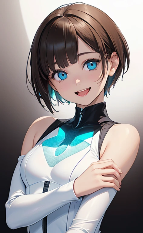 (Photorealistic:1.4)、(,20-year-old:1.5),(masterpiece、Blue lens flare:1.5、spot light:1.2、Exquisite beautiful eye:1.5,portlate),(kind eyes、tareme:1.9),(Black light:1.5)、Cute Face、 3D Face、(light brown hair:1.5)、(pixie cut:1.5),(sidelock :1.5),(blunt bangs:1.3),(1 woman)、(aqua eyes:1.2)、(upper body:1.5)、(Open mouth happy smile:1.5)、(own hands clasped),(head tilt) ,(Cute face:1.2),(flat chest),(),kind face,(white Bodysuit with open chest1.5),(black background:1.5)、()、()、 Neat and clean、Adorable、Demure,Slim Body(),Shiny Hair、()、Nijisketch,Manga,blacklight