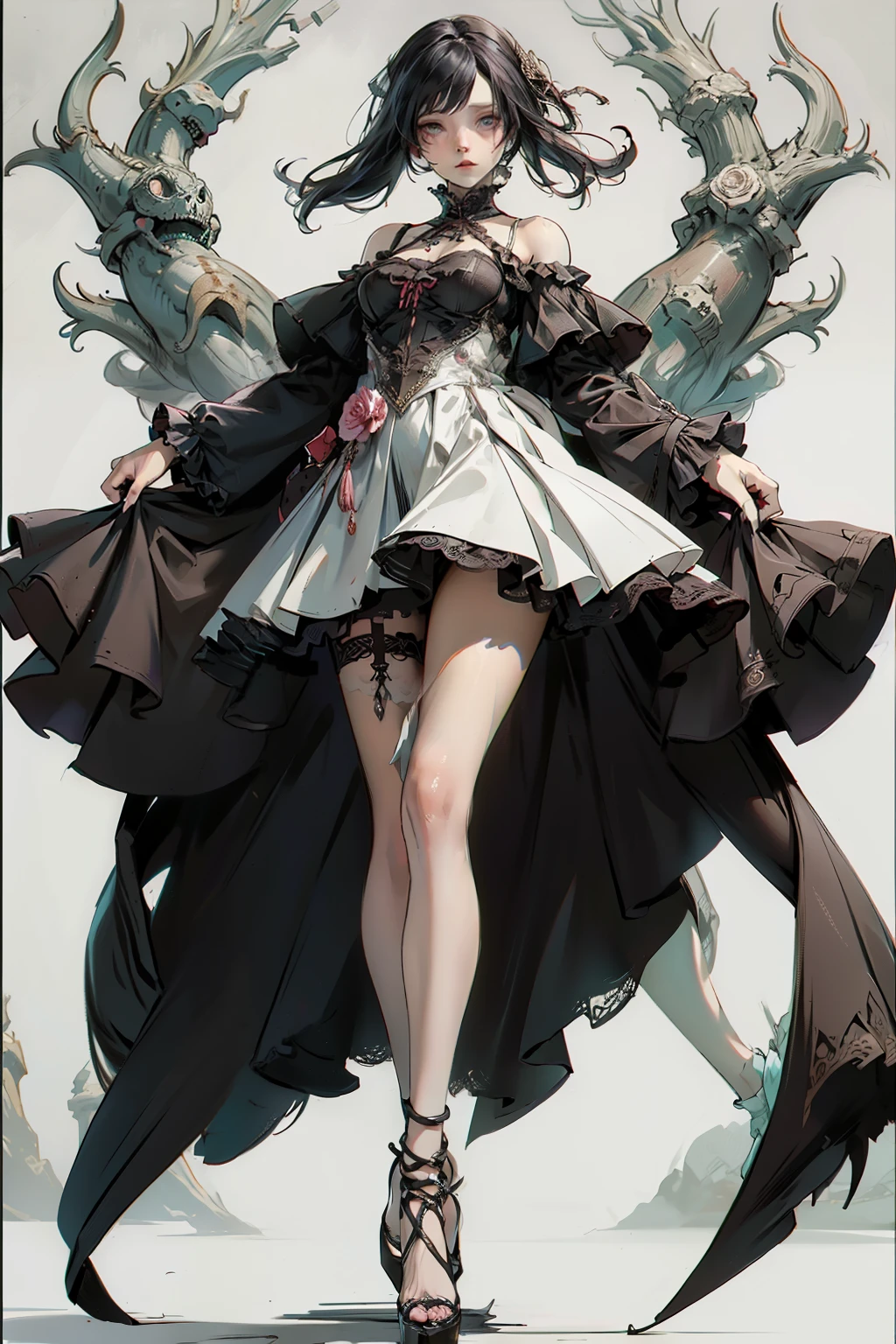 ((best quality)), ((masterpiece)), (detailed), blank white background, plain background, white background, Bloodborne inspired, occult aesthetic, occult, detailed and intricate steampunk and detailed gothic, NSFW, Very dramatic and cinematic lighting, cosmic horror, grim-dark, side-lighting, perfect face, NSFW, Fluttering lace flared long knee length dress with frilly petticoats, knee length dress, pleated petticoats, lolita dress, petticoats gothic lolita, side-lighting, gothic lolita aesthetic, beautiful small breasts, small breasts, full body, whole body, body, plain background, white background, blank background, no background, white background NSFW, full body, whole body, head-to-toe