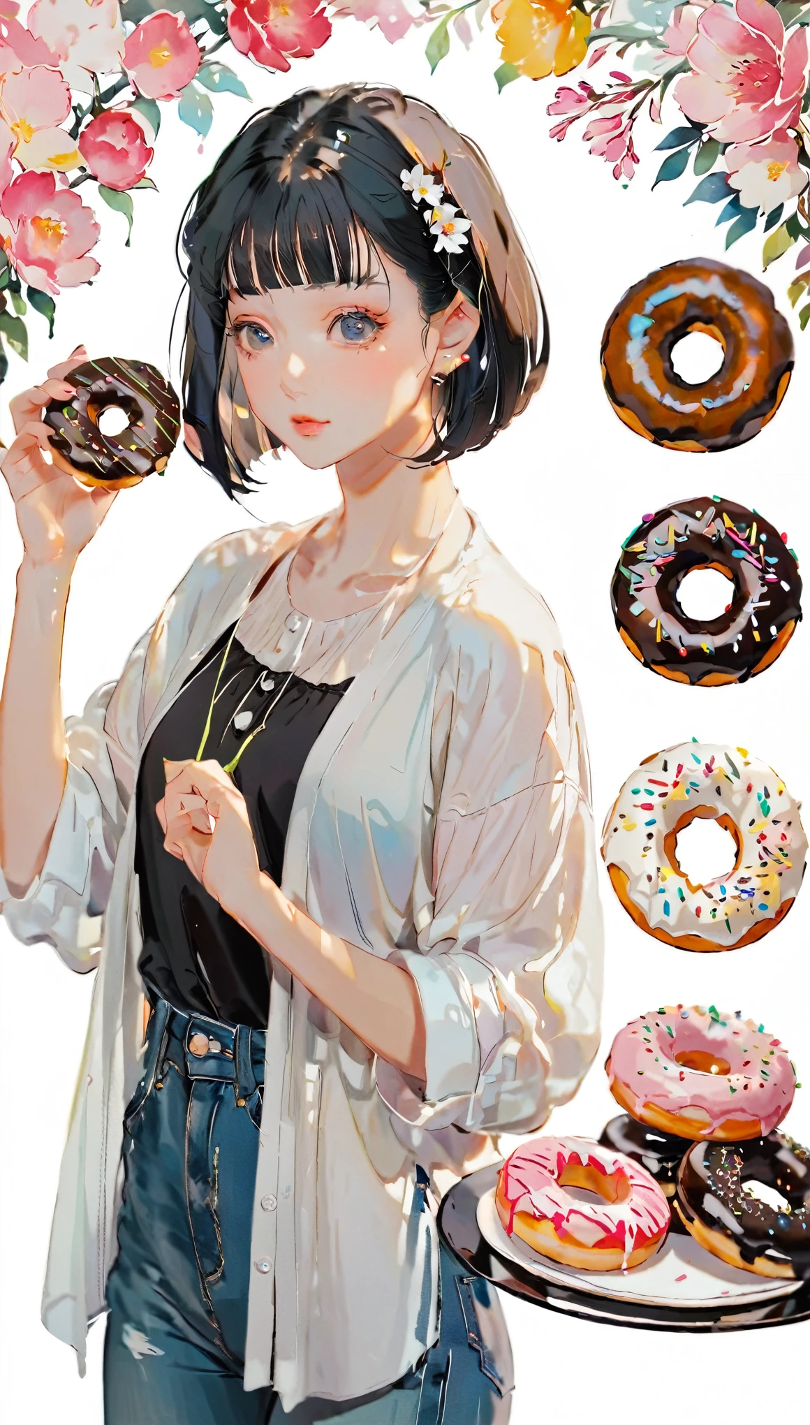 (((How to cut paper))), 1 girl, Short black hair, Straight hair, Bobcut, donut, shirt, denim