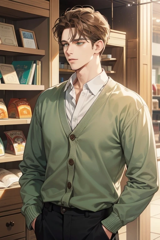 masterpiece, best quality, realistic, 1man, mature male, quiet and charming young man, 35 years old, close his eyes, ((soft smile)), closed mouth, extremely detailed face, a little distant, ((dark green eyes)), ((short-side-swept sandy Brown hair)), [thick eyebrows], (caramel cardigan and brown trousers), (waiting in front of the store)