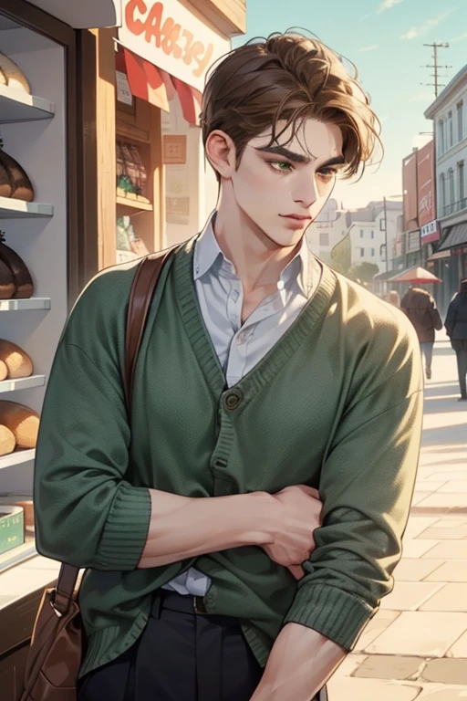 masterpiece, best quality, realistic, 1man, mature male, quiet and charming young man, 35 years old, close his eyes, ((soft smile)), closed mouth, extremely detailed face, a little distant, ((dark green eyes)), ((short-side-swept sandy Brown hair)), [thick eyebrows], (caramel cardigan and brown trousers), (waiting in front of the store)