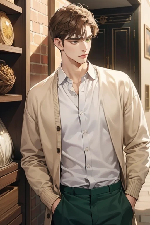 masterpiece, best quality, realistic, 1man, mature male, quiet and charming young man, 35 years old, close his eyes, ((soft smile)), closed mouth, extremely detailed face, a little distant, ((dark green eyes)), ((short-side-swept sandy Brown hair)), [thick eyebrows], (caramel cardigan and brown trousers), (waiting in front of the store)
