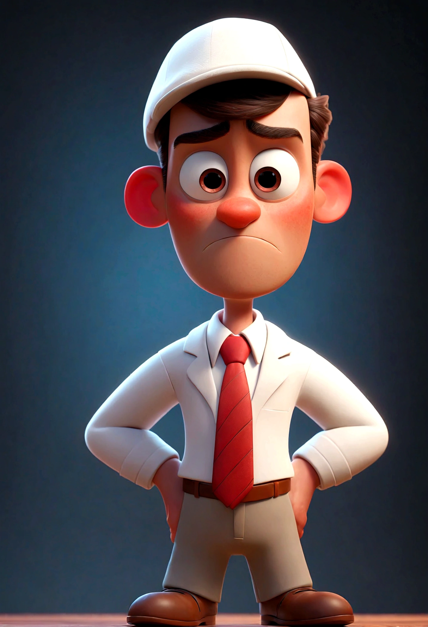 Cartoon character of a man with red tie and white suit, white hat with a red stripe animation character, Stylized character, animation style rendering, 3d stylized, Arnold Maya render, 3 d stylized render, toon render keyshot, Character 3D, 3D Character, stylized 3d render, 3 d character render, cartoon character, Close up character, Character pose, (Pixar Style) (master part:1.2) (Bokeh) (best quality) (detailed skin) ( detailed texture) (8k) (clay) (Cinematic lighting) (sharp focus