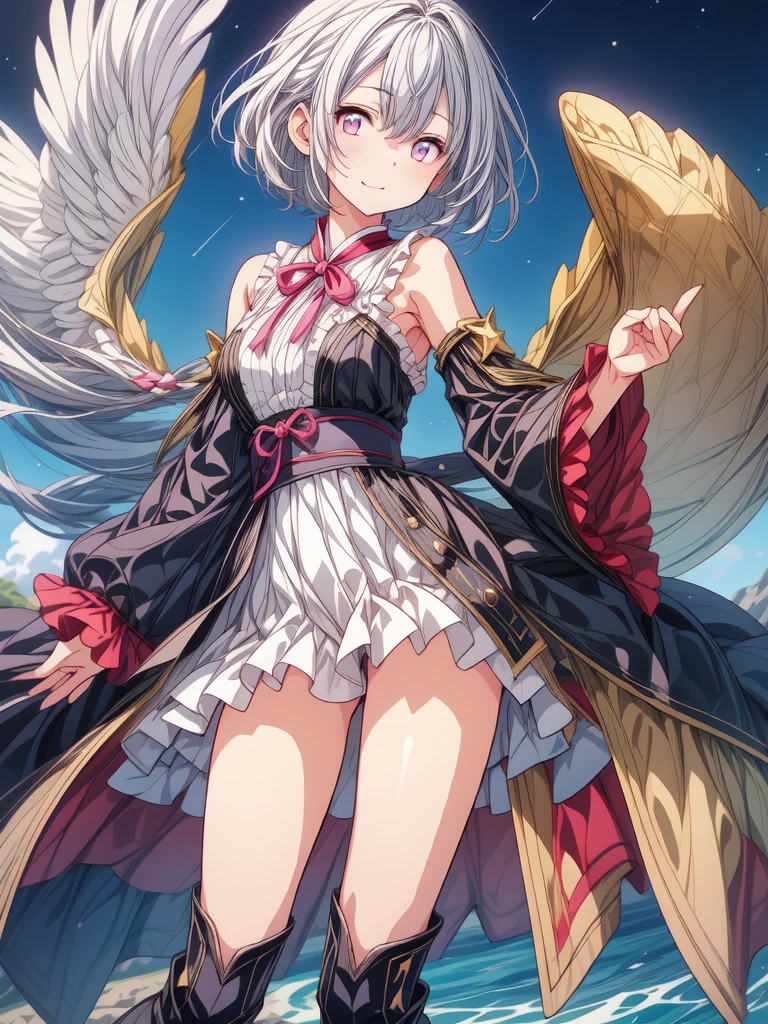 (((1girl)))、starの妖精、vtuber-fullbody、(((highest quality、Masterpiece、The best composition、Golden Ratio、Official Art、Super detailed、Super detailedな目)))、ultra detailed, from front, headshot、 blue and white hair color、Short bangs above eyebrows、Short Hair、Standing in front of the viewer、着物とゴスロリをリメイクしたMilky Way柄の洋服で濃紺と水色を基調にした色、The sleeves are long and the hands are hidden、Knee-high boots、Pure white simple background、star、Milky Way、universe、流star群、frills,