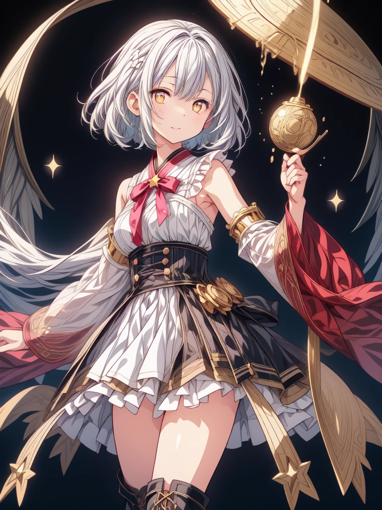 (((1girl)))、starの妖精、vtuber-fullbody、(((highest quality、Masterpiece、The best composition、Golden Ratio、Official Art、Super detailed、Super detailedな目)))、ultra detailed, from front, headshot、 blue and white hair color、Short bangs above eyebrows、Short Hair、Standing in front of the viewer、着物とゴスロリをリメイクしたMilky Way柄の洋服で濃紺と水色を基調にした色、The sleeves are long and the hands are hidden、Knee-high boots、Pure white simple background、star、Milky Way、universe、流star群、frills,