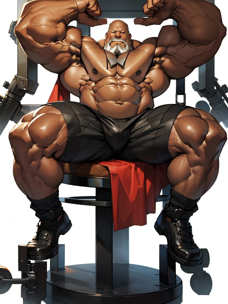 simple background, white background, extremely huge muscular, massive muscular, full-body, well-muscled old man, sitting on box, nude, shirtless. ((extremely muscle size, super thick arms, huge pec, extremely wide pectoral , huge arms)). and add details to make it attractive and interesting. Add textures and details to make the image more realistic, Make sure the resulting image is high resolution, 8K quality."