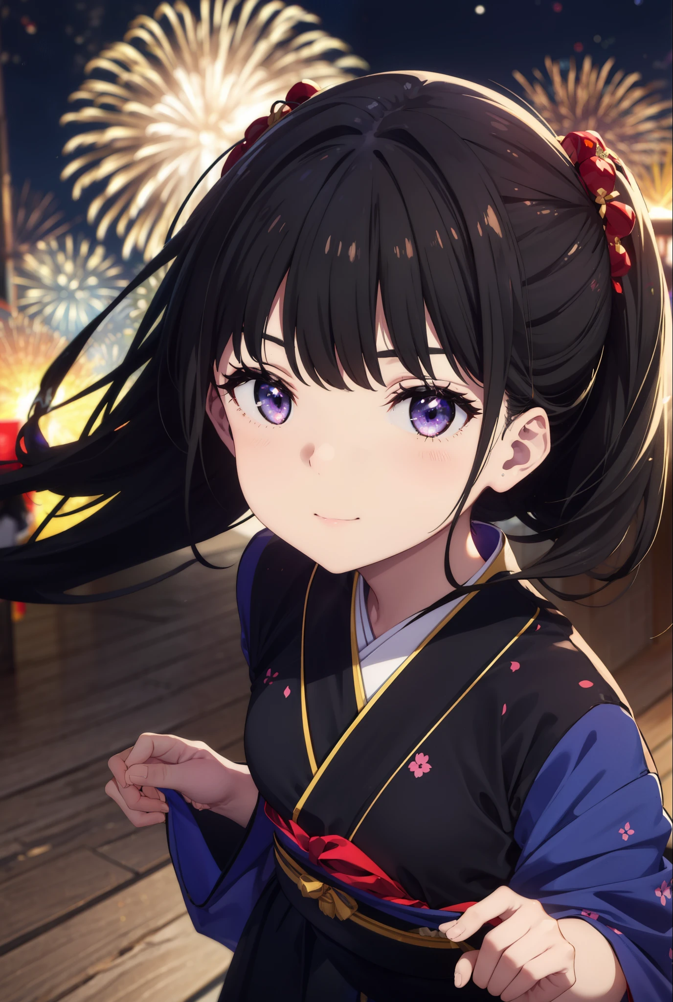 Takiuchi, Check it out,One Girl, Long Hair, bangs, Black Hair, (Purple eyes:1.2),Flower Hair Ornaments,hair tied back,smile,blush,Embarrassing,Blue Kimono,Blue long skirt,Sandals,日本のfestival，夏festivalの屋台、Red lantern,Fireworks in the night sky,Fireworks,The place is a fireworks display,Time is night,whole bodyがイラストに入るように,Looking up from below、Walking,
break outdoors, festival,shrine,
break looking at viewer, whole body,  (Cowboy Shot:1. 5)
break (masterpiece:1.2), highest quality, High resolution, unity 8k wallpaper, (figure:0.8), (Beautiful fine details:1.6), Highly detailed face, Perfect lighting, Highly detailed CG, (Perfect hands, Perfect Anatomy),