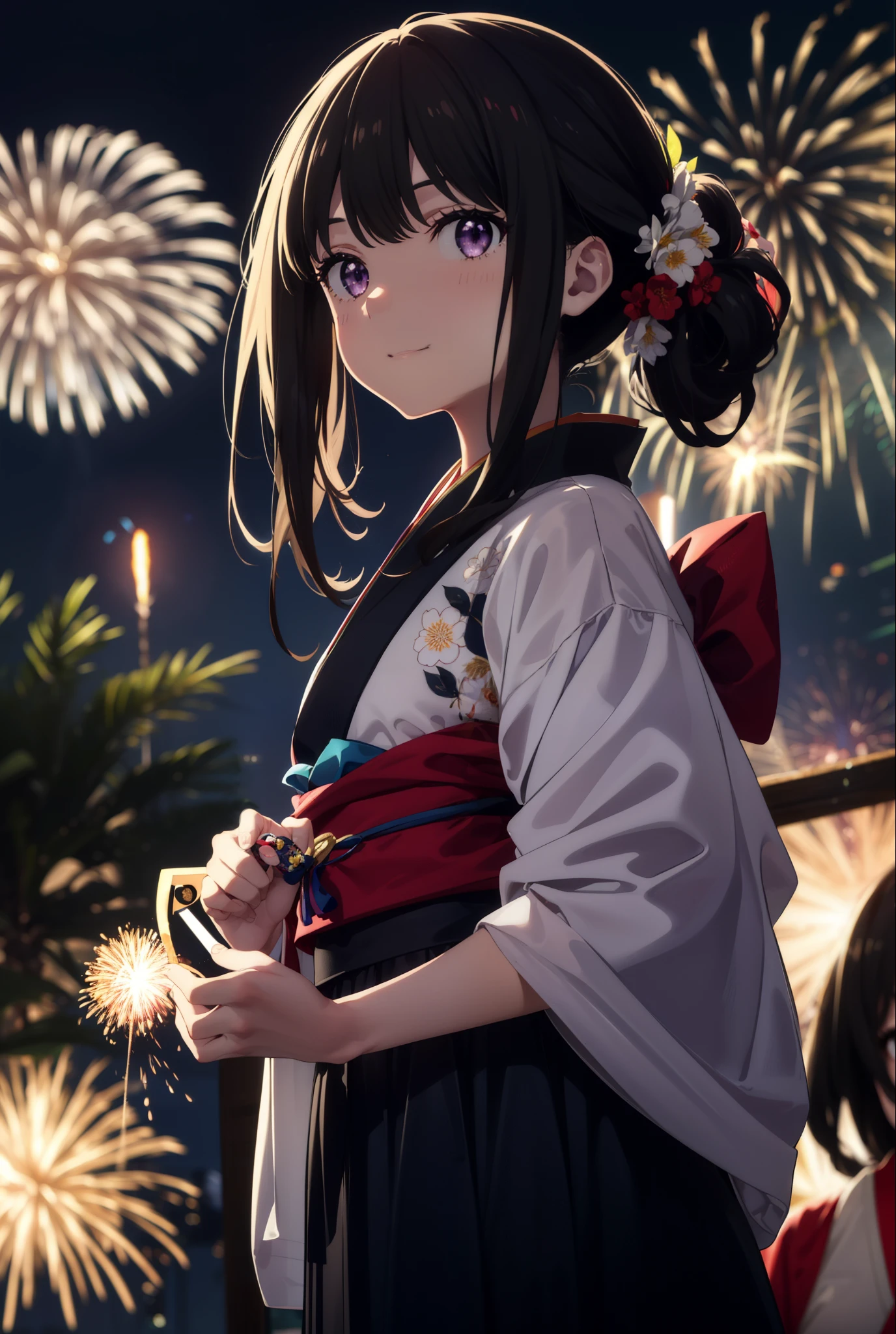 Takiuchi, Check it out,One Girl, Long Hair, bangs, Black Hair, (Purple eyes:1.2),Flower Hair Ornaments,hair tied back,smile,blush,Embarrassing,Blue Kimono,Blue long skirt,Sandals,日本のfestival,夏festivalの屋台、Red lantern,Fireworks in the night sky,Fireworks,The place is a fireworks display,Time is night,whole bodyがイラストに入るように,Looking up from below、Walking,
break outdoors, festival,shrine,
break looking at viewer, whole body, (Cowboy Shot:1. 5)
break (masterpiece:1.2), highest quality, High resolution, unity 8k wallpaper, (figure:0.8), (Beautiful fine details:1.6), Highly detailed face, Perfect lighting, Highly detailed CG, (Perfect hands, Perfect Anatomy),