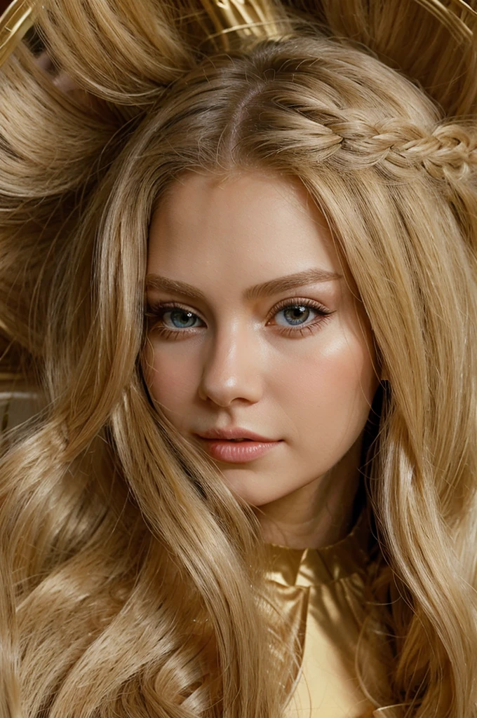 Generate a photo of a girl with long blond hair in a ball gown, with long eyelashes, Excellent quality