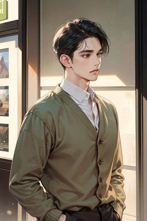 masterpiece, best quality, realistic, 1man, mature male, quiet and charming young man, 35 years old, close his eyes, ((soft smile)), closed mouth, extremely detailed face, a little distant, ((dark green eyes)), ((short-side-swept sandy black hair)), [thick eyebrows], (caramel cardigan and brown trousers), (waiting in front of the store)