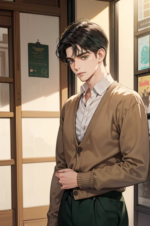 masterpiece, best quality, realistic, 1man, mature male, quiet and charming young man, 35 years old, close his eyes, ((soft smile)), closed mouth, extremely detailed face, a little distant, ((dark green eyes)), ((short-side-swept sandy black hair)), [thick eyebrows], (caramel cardigan and brown trousers), (waiting in front of the store)