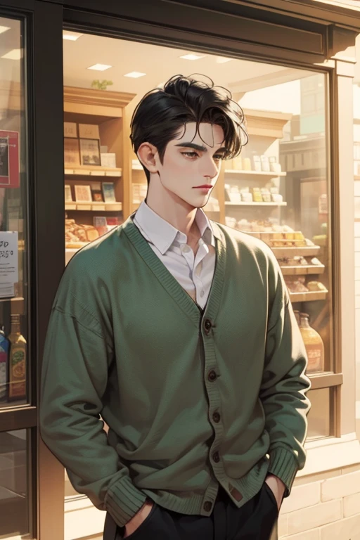 masterpiece, best quality, realistic, 1man, mature male, quiet and charming young man, 35 years old, close his eyes, ((soft smile)), closed mouth, extremely detailed face, a little distant, ((dark green eyes)), ((short-side-swept sandy black hair)), [thick eyebrows], (caramel cardigan and brown trousers), (waiting in front of the store)
