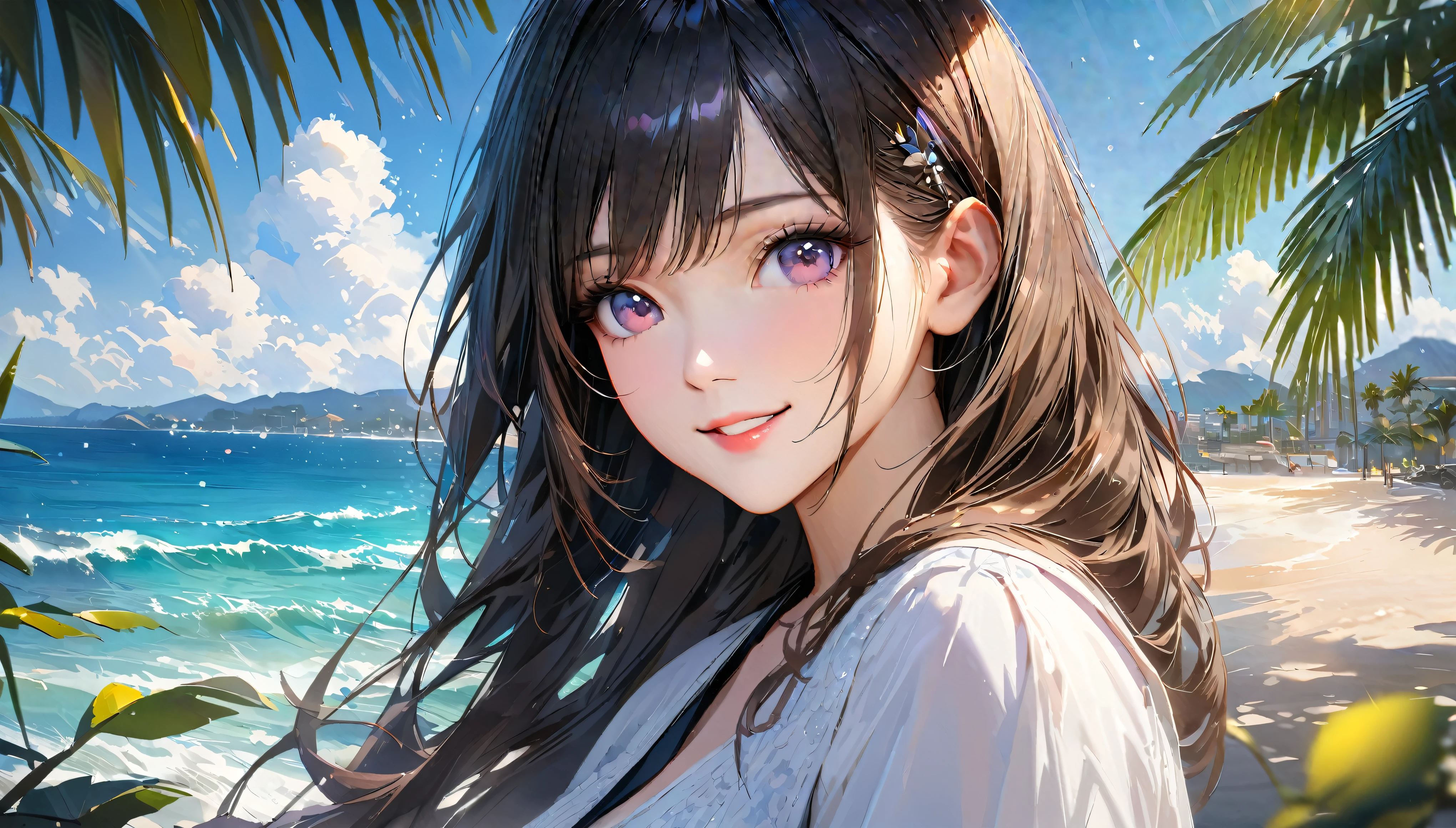 Sparkling sea and tropical ocean, Sunny sky with fluffy white clouds, Palm trees along the coast, Blur the background,Pleasant sea breeze,Young woman with dark hair, smile,Glitter effect,highest quality, 4K, 8k, High resolution, masterpiece:1.2, Very detailed, Realistic:1.37, High resolution, 超High resolution, Studio Lighting, Ultra-fine painting, Sharp focus, Physically Based Rendering, Very detailed explanation, Professional, Vibrant colors, Bokeh, Portraiture, landscape, photograph. Blue dominates the color palette