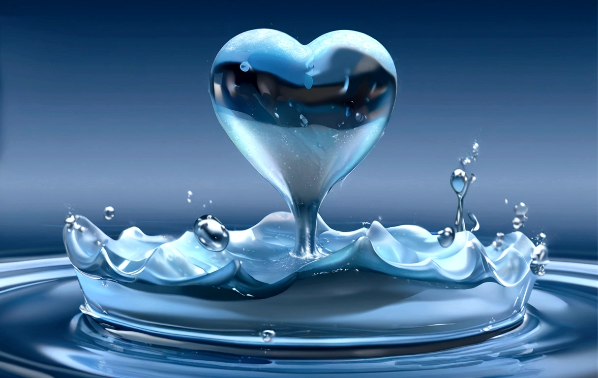 a close up of a heart shaped water drop with a blue background, 3 d ornate carved water heart, water art photoshop, drop of waters, flow of love and happiness, amazing water art, photoshop water art, water droplet, water powers water swirling , water, splashing, water art manipulation, dripping with water, incredibly composed image, splash, water element