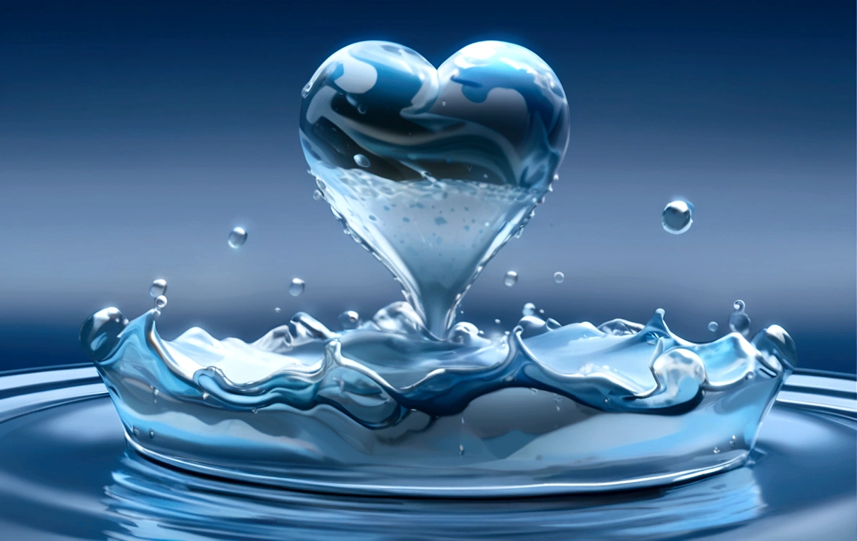 a close up of a heart shaped water drop with a blue background, 3 d ornate carved water heart, water art photoshop, drop of waters, flow of love and happiness, amazing water art, photoshop water art, water droplet, water powers water swirling , water, splashing, water art manipulation, dripping with water, incredibly composed image, splash, water element