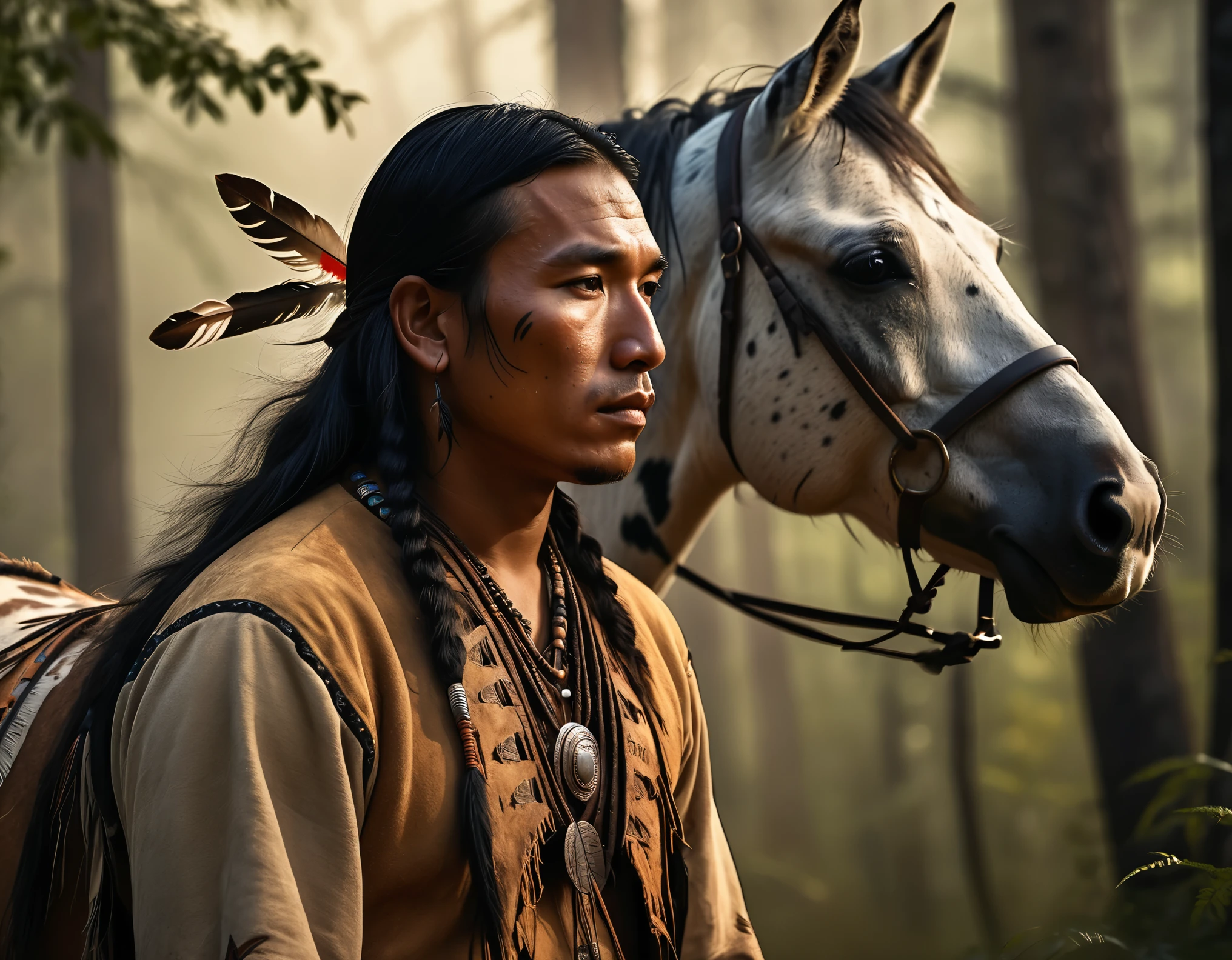 a native american man, detailed buckskin clothing, appaloosa warhorse, black hills forests of northern america, 8k, hdr, hyper realistic illustration, dramatic lighting, intricate details, lush vegetation, photorealistic, cinematic composition, warm color tones, chiaroscuro lighting, volumetric fog, dramatic shadows, beautifully textured skin, flowing hair, intense gaze, powerful presence