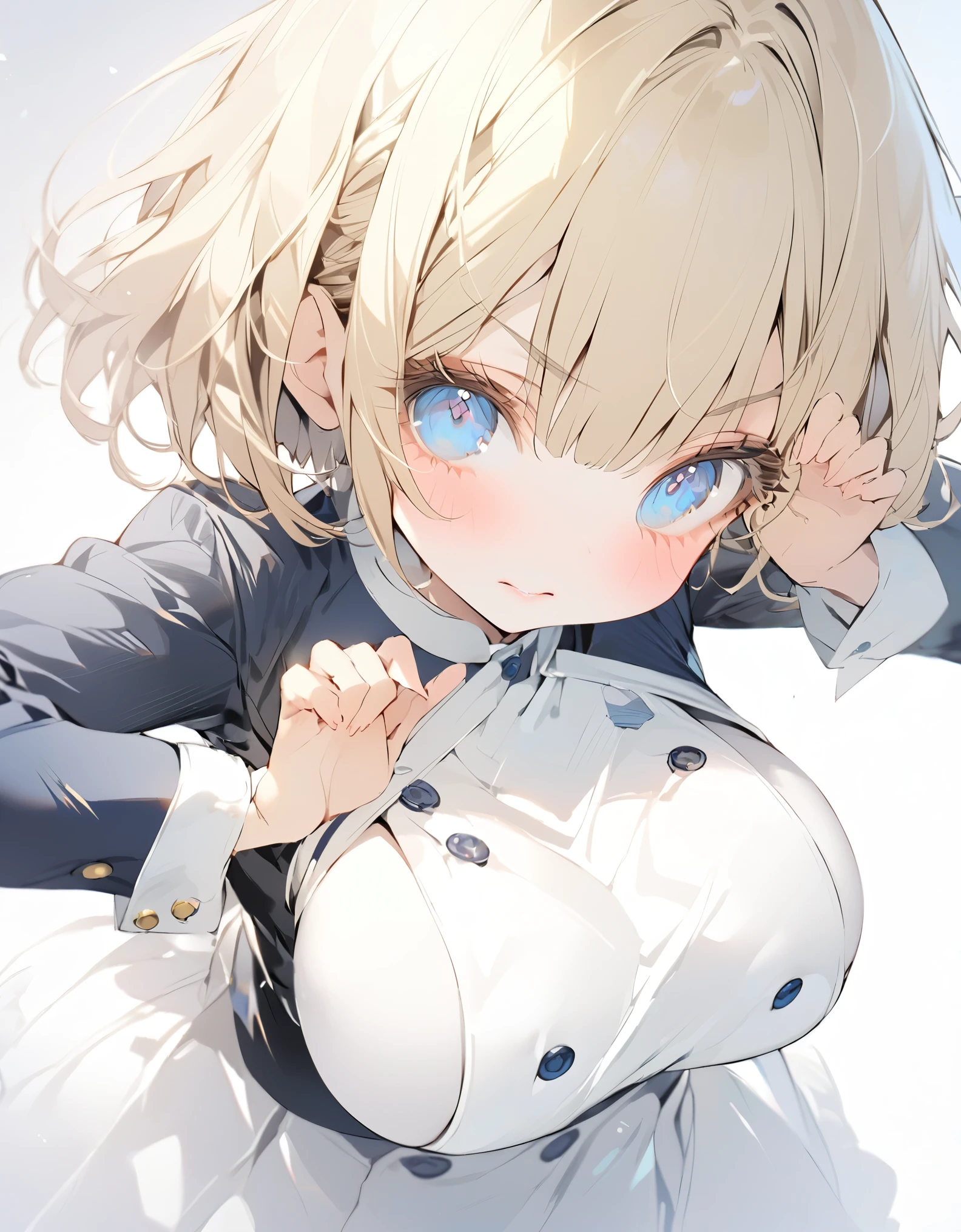 Masterpiece Japanese Anime（sketch:1.2）Navy blue original uniform (Little Girl:1.5), (blonde:1.5）(eyelash:1.2)eye shadow (Short Bob Hair:1.4), (Blue eyes)(Big Breasts:1.3)Cute pose
