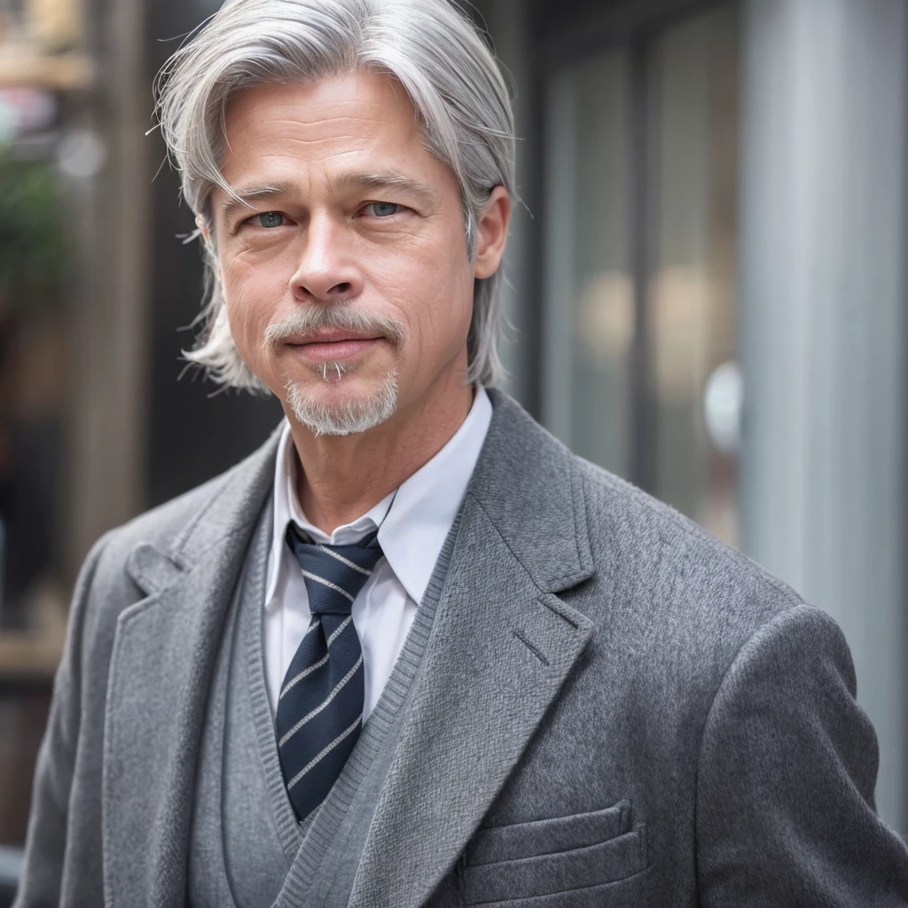 Gray Hair,True Face,Upper body only,White mustache,Stylish Uncle,Background white、Looks like Brad Pitt,