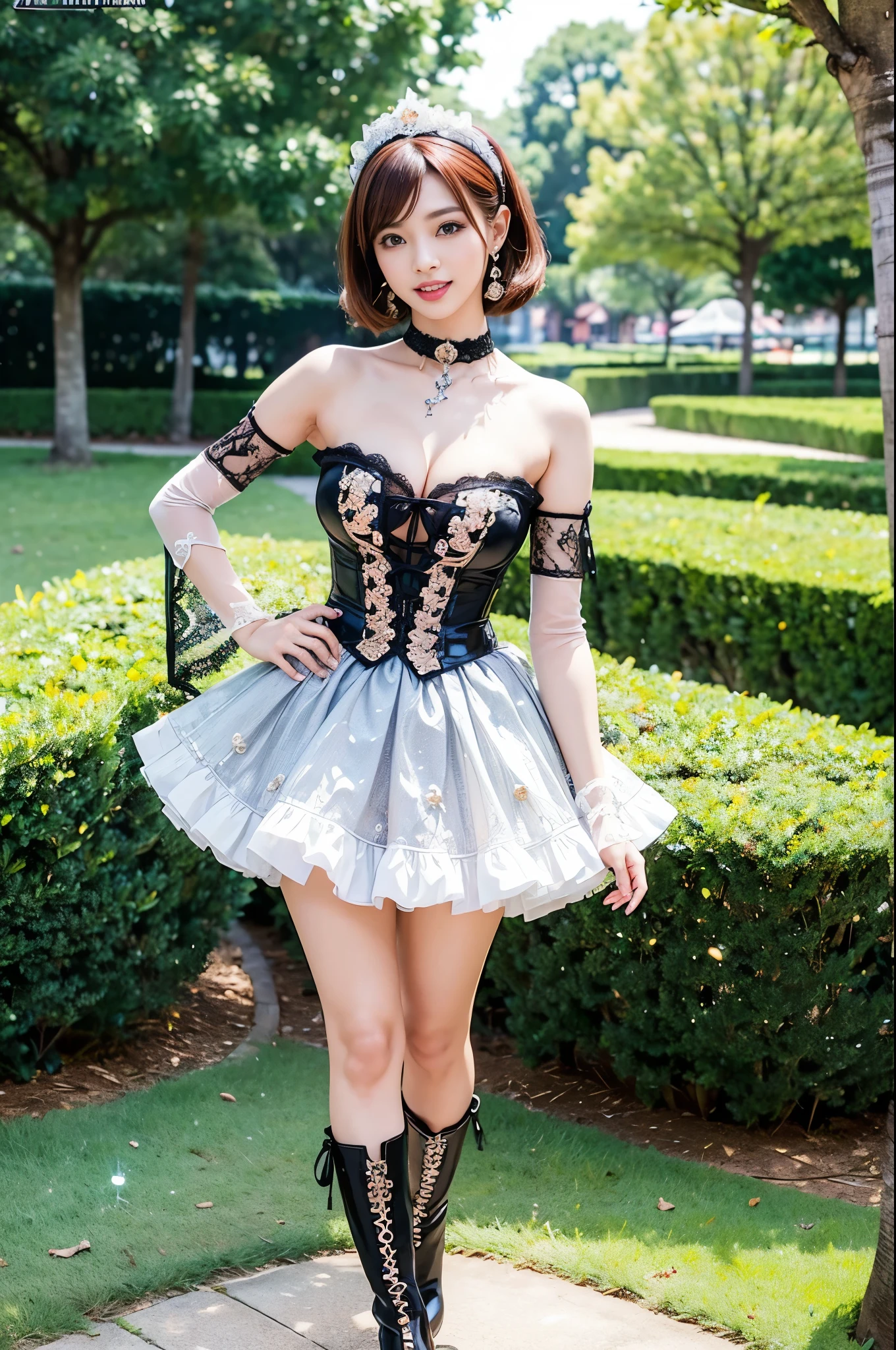(nsfw), sexy stylish Thai model, only 1 female, ((doll-like appearance)), short Auburn stylish hair, ((shiny Victorian-Style boots)), (big smile), ultra detailed eyes, vivid eye makeup, lipgloss, long lashes, defined eyebrows, ((sexy Paradise Kiss cosplay)), bell-shaped skirt, petticoats, high neckline, puffed sleeves, ((ultra detailed lace)), ((ultra detailed embroidery)), intricate details, Paradise Kiss accessoires and matching headpiece, choker, ((large sparkling Paradise Kiss jewelry)), cinematic light, detailed large park background with trees