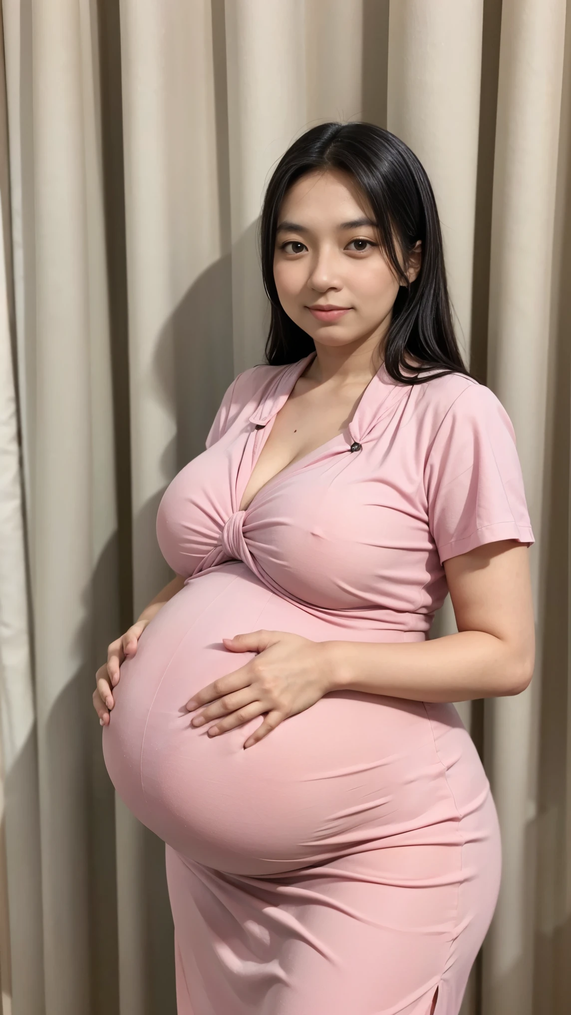 Vogue style side view photo shoot of 1 malay 20years old young woman wear (( office shirt)) with pastel colours background in Wes Anderson style, ((cleavages)),detail skin texture, detailed face, ((pregnant)), saggy breast, dark , camel toe, heavy big breast, big round ass, wide hips, thick thighs, beer belly, curvy, view from side, hyper - realistic photography, Wes Anderson style, full body, 8k, close - up shot, extreme close - up photo, ((looking at viewer)), shiny wavy black hair