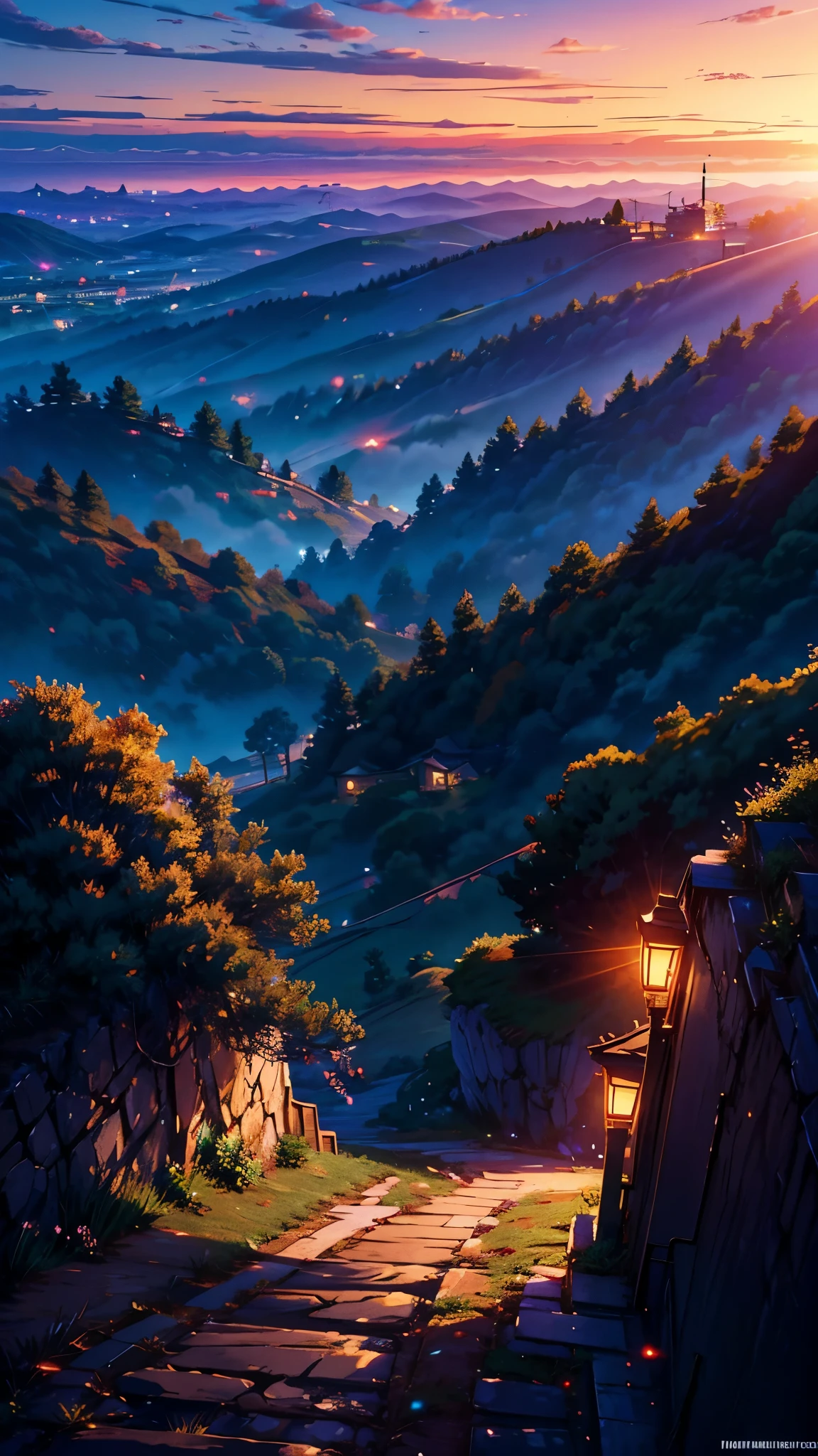 a beautiful detailed anime breathtaking evening landscape, on a hill overlooking a small town in the distance, glowing sky with warm sunset colors, detailed features, detailed background scenery, photorealistic, 8k, high quality detailed digital art