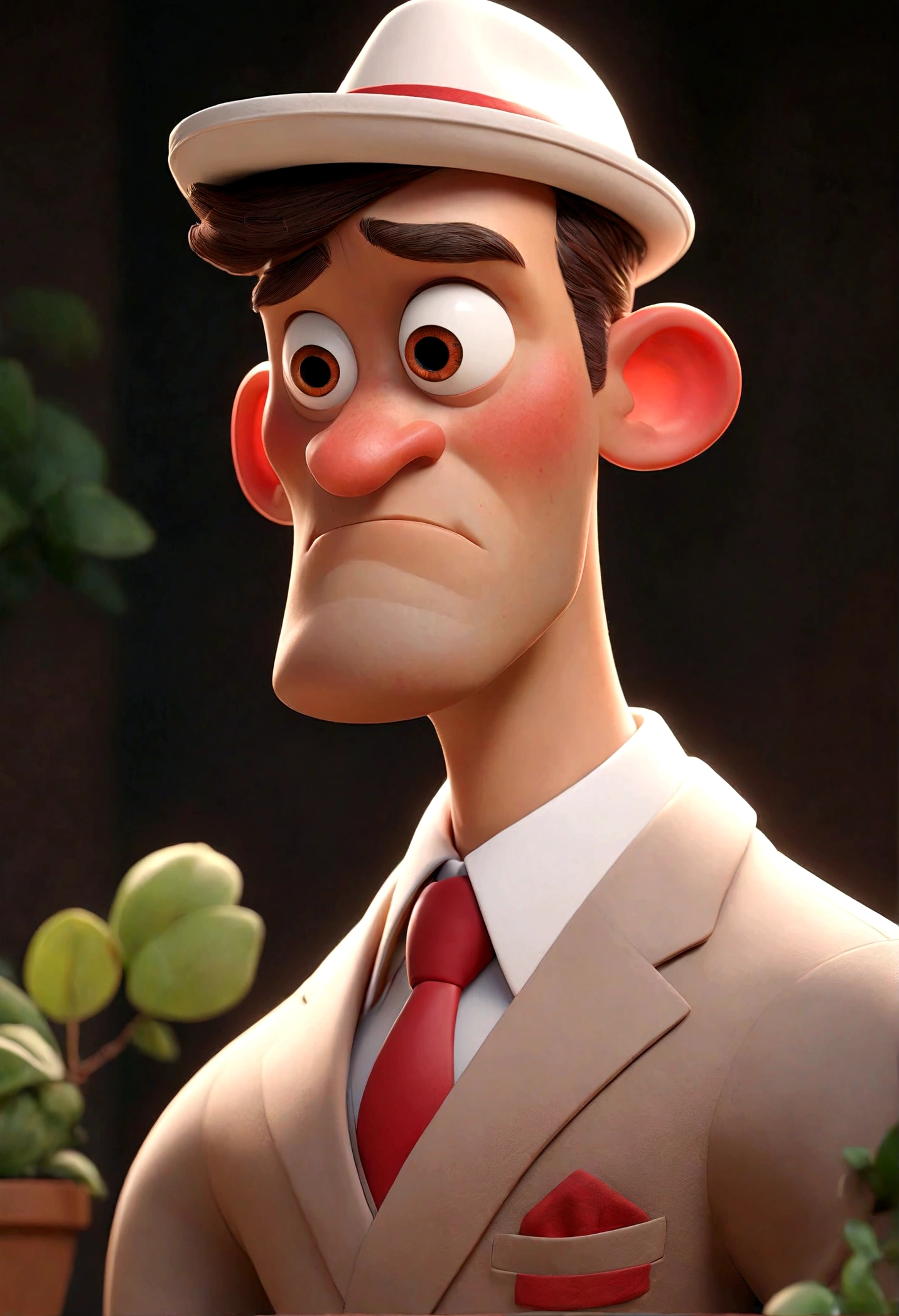 Pixar style cartoon character of a man with red tie and white suit, white hat with a red stripe animation character, Stylized character, animation style rendering, 3D stylized, Arnold Maya render, 3d stylized render, toon render keyshot , 3D Character, 3D Character, stylized 3d rendering, 3 d character render, cartoon character, Close up character, Character pose, (Pixar Style) (master part:1.2) (Bokeh) (best quality) (detailed skin ) (detailed texture) (8k) (clay) (Cinematic lighting) (sharp focus
