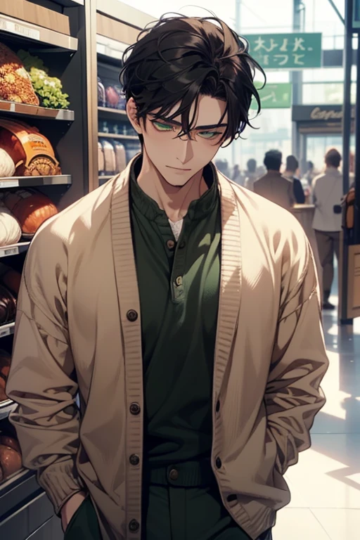 masterpiece, best quality, realistic, 1man, mature male, quiet and charming young man, 35 years old, close his eyes, ((soft smile)), closed mouth, extremely detailed face, a little distant, ((dark green eyes)), ((short-side-swept sandy black hair)), [thick eyebrows], (caramel cardigan and brown trousers), (waiting in front of the store)