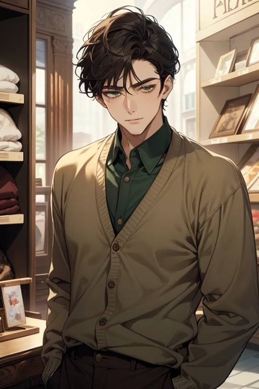 masterpiece, best quality, realistic, 1man, mature male, quiet and charming young man, 35 years old, close his eyes, ((soft smile)), closed mouth, extremely detailed face, a little distant, ((dark green eyes)), ((short-side-swept sandy black hair)), [thick eyebrows], (caramel cardigan and brown trousers), (waiting in front of the store)